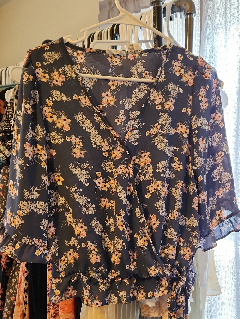 Sienna Sky Navy Floral Wrap Blouse with Peach Accents